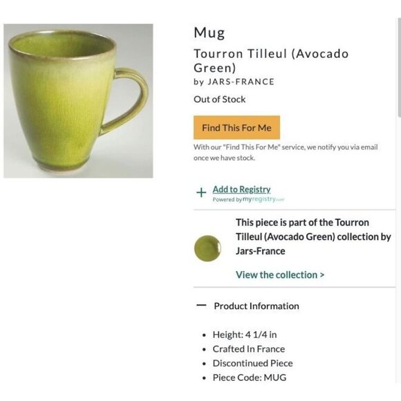 Jars France Mug Avocado Green Tourron Tilleul French Country Coffee Cup Ref# A - Picture 5 of 9